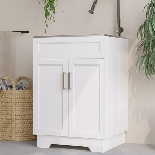 Laundry Sink Cabinet with Stainless Steel Sink and Pull-Down Faucet, 24 Inch Modern Utility Sink for Laundry Room, Kitchen, Garage and Bathroom - Adjustable Shelf, Freestanding Floor Mount, White