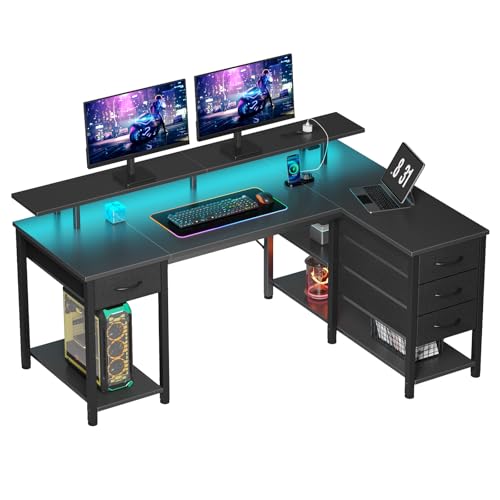 Seventable Bureau Gaming en L avec LED RGB, Tiroirs modulables, Support Écran, Ports USB & Prise...