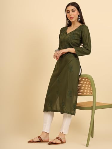 Image of Women's Chikankari-Lucknowi Embroidered Work | 3 /4 Sleeve | Knee Length | Round Neck | Cotton Fabric | Straight Kurta