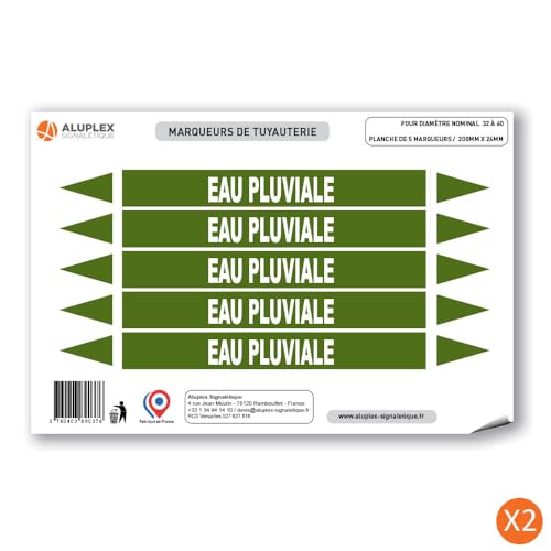Aluplex Signalétique – Tabla de 10 marcadores de tubería AGUA (Ø DM 32 a 60) para fluido de agua pluvial/200 x 26 mm
