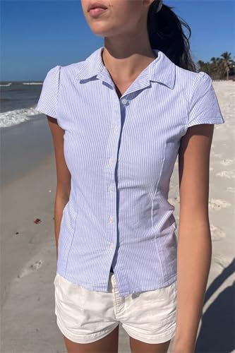 Image of Y2k Girls Vintage Coquette Button Down Shirt Women Short Sleeve V-Neck Slim Fitted T-Shirt Cute Blouse Crop Top
