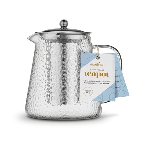 Charbrew 900ml Glass Teapot with Infuser - Elegant Hammered Design, Borosilicate Clear Glass - Ideal for Loose Leaf Tea, Teabags & Blooming Tea - Serves 4 Cups