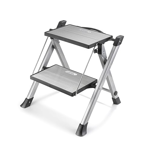 Image of Polder Easy-Close Aluminium 2-Step Stool, Ladder with Non-Skid Feet, Folding Step, Top Step Height - 1.4 feet
