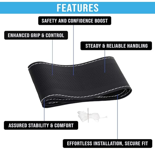 Image of KINGSWAY PU Leatherite Car Steering Cover Sewable Compatible with Mahindra Thar (Year 2020 Onwards), Black Color with Silver Thread, Pack of 1 with Sewing Needle and Thread