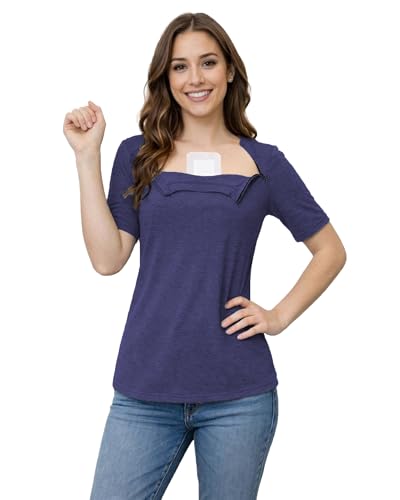 Youdiao Chemo Shirts for Port Access Women Post Shoulder Surgery Shirts with 2 Hidden Side Zippers Short Sleeve Tear Away Tops Adaptive Clothing Navy Blue S