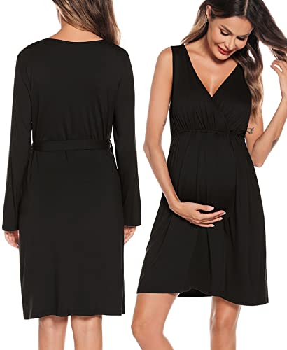 Image of SWOMOG Women Maternity Nursing Gown and Robe Set 3 in 1 Labor Delivery Nursing Nightgown for Breastfeeding Hospital Bathrobe