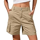 Ladies Cargo Shorts Elastic Waist Bermuda Shorts with Pockets Solid Color Cotton Summer Sweat Pants 2025 Trendy Workout Hiking Running Cargo Pants Loose Loungepants Workwear Plus Size Khaki S