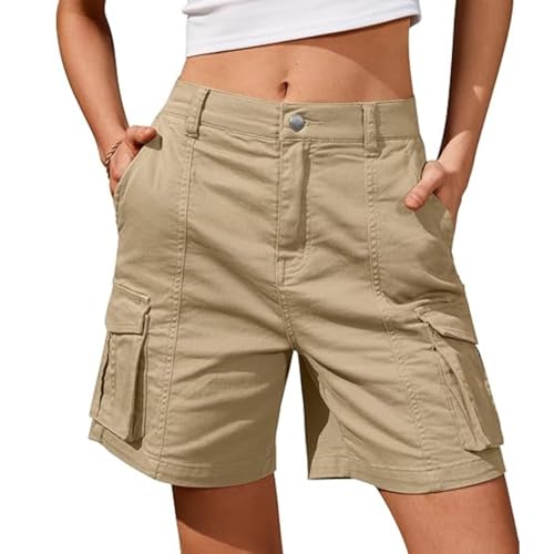 Cargo Pants for Women Lightweight Stretch Joggers Hiking Walking Bottoms Knee Length 6 Pockets Elastic Waist Cargo Shorts for Workout Hiking Running Y2K Womens Bermuda Shorts Plus Size Khaki M