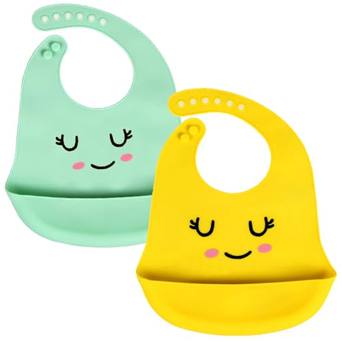 Image of ZMGY 2 Pack Adjustable Waterproof Food Grade Silicone Feeding Bib with Food Catcher Pocket for 0-36 Month Baby Easy Clean