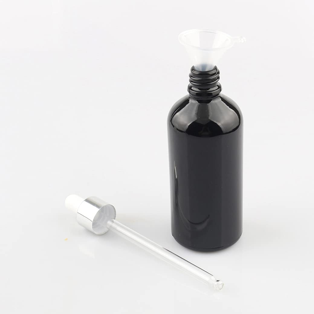 24 Piezas Negro Frasco Cuentagotas Cristal 100ml, Botellas Cuentagotas Vacío con Pipeta de Vidrio Plata/Blanco, para Fragancias de Arorapia de Aceites Esenciales, Masaje, Viaje