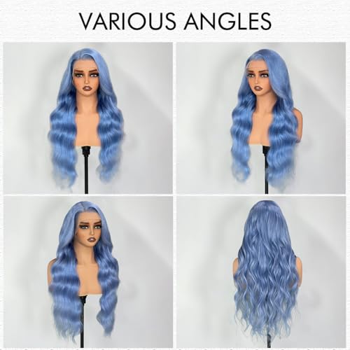 Image of Light Blue Body Wave Lace Front Wig Human Hair 180% Density Colored Human Hair Wigs For Women HD 13x4 Lace Frontal Wig Virgin Brazilian Hair 18 Inch