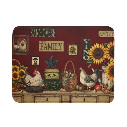 Rooster Dish Drying Mat 18x24 Inch with Hanging Loop,Vintage Country Style Farmhouse Chickens Absorbent Microfiber Non-Slip Counter Rack Sink Drainer Pad for Kitchen Countertop Table Decor