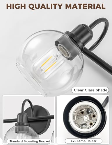 Image of DORESshop 3-Light Black Bathroom Light Fixtures Over Mirror with Clear Globe Glass Shade, Modern Vanity Lights for Bathroom Mirror Living Room Bedroom, ETL Listed