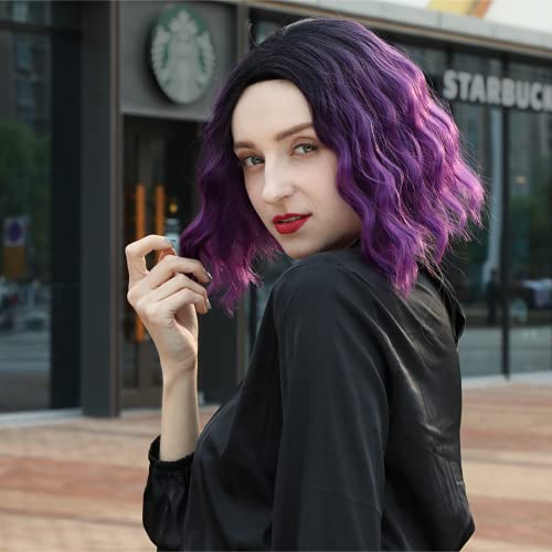 Short Bob Wavy Wigs Ombre Purple color Natural Wavy Flapper Wigs For Women Cute Bob Synthetic Daily Party Cosplay Wig For Girl Costume Fashion Wig 10 Inches Black To Purple