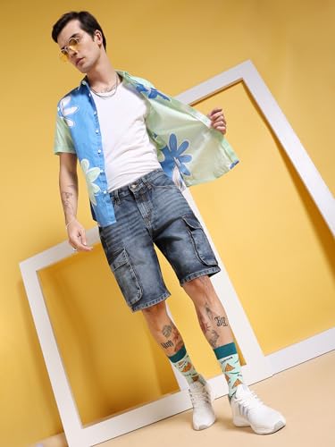 Image of The Indian Garage Co Men Relaxed Fit Solid Mid-Rise Denim Cargo Shorts