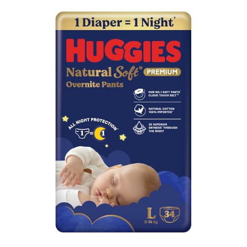 Image of Huggies Natural Soft Overnite Diaper Pants| Premium Pant Style Baby Diapers Medium Size (L Size | 9-14 Kgs), 34 count| Keeps baby dry all night with cloud softness all over
