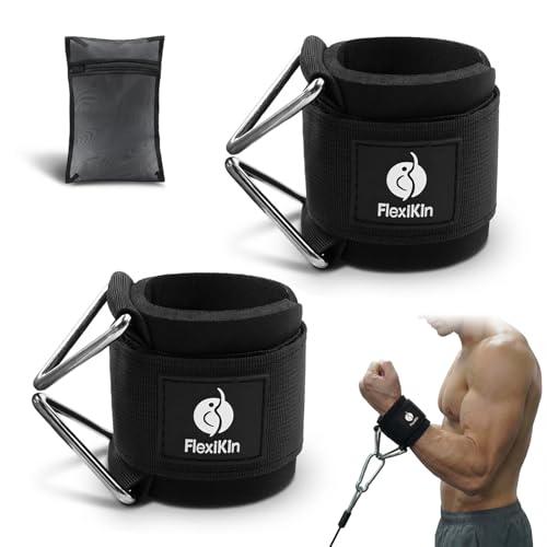 FLEXIKIN Wrist Cuffs for Cable Machine 7mm Thick Neoprene Wrist Strap with 5cm Wide Reinforced Triangle Ring Ideal for Cable Lateral Raises Arm & Shoulder Training Attachment (Black Medium)