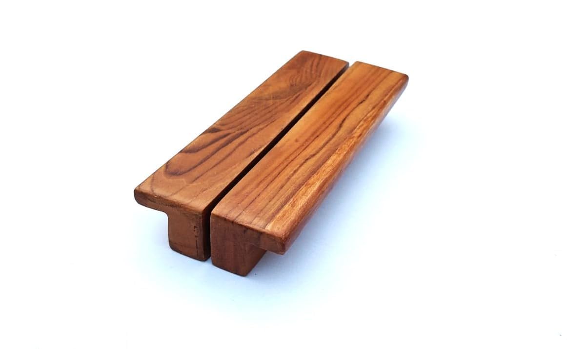 Teak Wood Cabinet Pull Handles, Natural Wood Finish, Traditional Style, Set of 2, Brown Wooden Handles for Drawer and Wardrobe (PH32) -1 Pair (6 Inches)-image-19