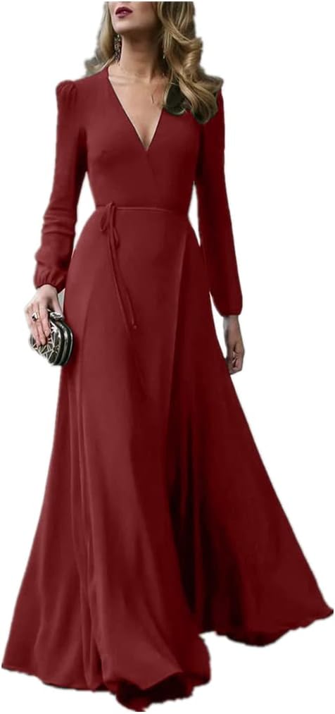 Womens Elegant V Neck Long Dress Long Sleeve Party Wedding Maxi Dress For Special Occasions (XL, Wine Red)