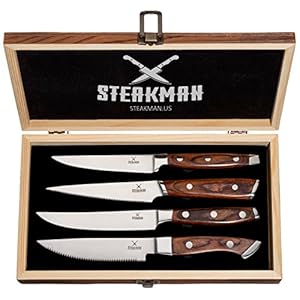 Steak Knife Set of 4 in Wooden Gift Box – Unique New Gift Idea – Wood Handle Steak Knives – Serrated Non Serrated Steak…