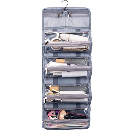 Water Resistant Polyester 4 in 1 Hanging Roll Up Makeup Bag Toiletry Bag Travel Cosmetic Storage Case Hair Beauty Tools First Aid Kits Organizer Bag With 4 Removable PVC Zipper Pouches (Grey)2