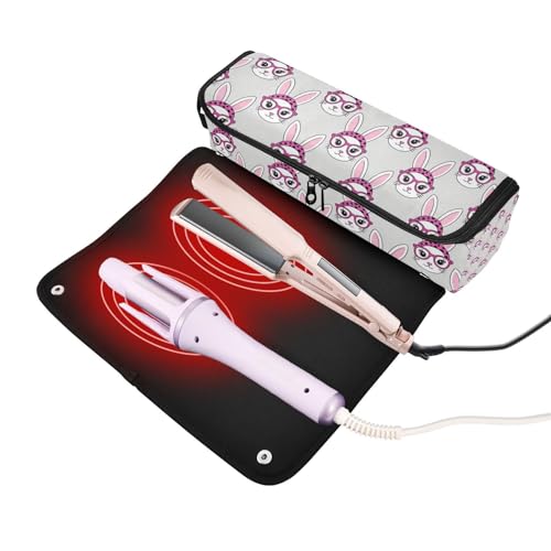 2-en-1 Estuche de Viaje para Rizador y Alfombrilla Resistentes al Calor con Cremallera para Planchas de Pelo y Accesorios de Cuidado Capilar Diseño Cara de Conejo con Gafas de Leopardo miniatura 2