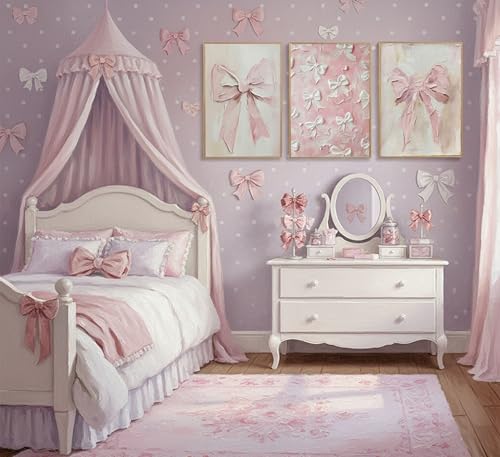 Image of 3Pcs Trendy Pink Bow Canvas Wall Art Vintage Cute Preppy Watercolor Bow Painting Pictures Wall Decor Posters Prints Girly Aesthetic for College Apartment Bedroom Decoration Unframed