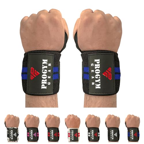 ProGym Gear Weight Lifting Wrist Wraps Premium Fitness Training Gym Wrist Stabilizer Heavy Muscle Strength Workout Thumb Loop Support Bandage Fist Brace Straps 1 Pair (Blue)