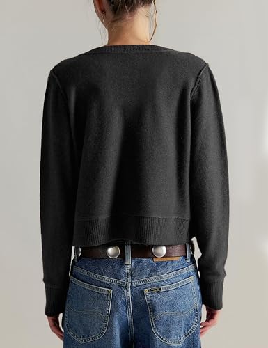 LTSCNRM Women's Lightweight Ribbed Soft Knit Round Neck Cardigan Sweater Classic Open Front Jacket with Buttons Casual(Black-L) — view 2