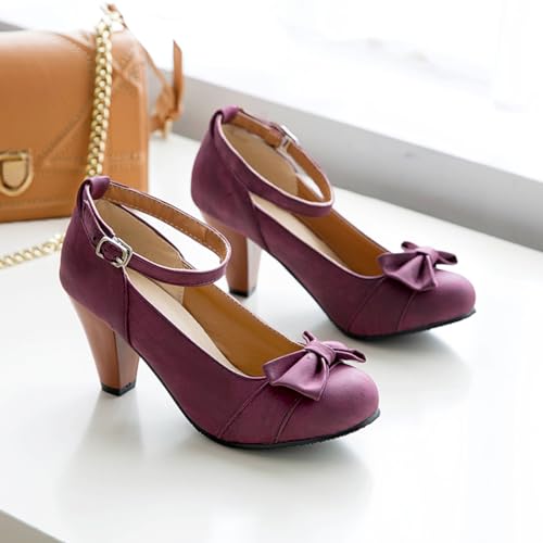 SHODENSE Women Kitten Heel Bow Pumps with Ankle Strap Round Closed Toe Dress Sandals High Chunky Block Heel Nubuck Suede Mary Jane Lolita Shoes Bowknot Dressy Office Work Wedding Party Dance 4-15 M US3