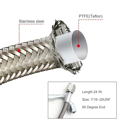 Image of SecosAutoparts 24 inch 7 /16-20 4AN Stainless Turbo Oil Feed Line 90 Degree Straight Hose PTFE Line Hose End Pressure Stainless Remote Turbocharger #551871