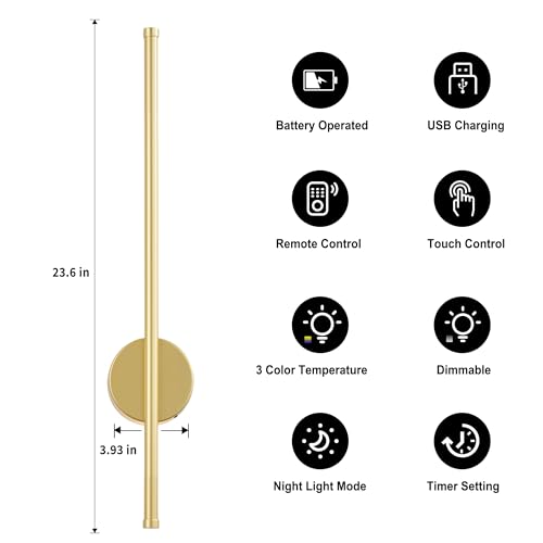 Image of Battery Operated Modern Wall Sconces,Dimmable Wireless Wall Light Set of Two with Remote Control,3 Color Temperatures,Rechargeable LED Wall Sconce for Bedroom,Living Room,Hallway,23.6 Inch, Gold