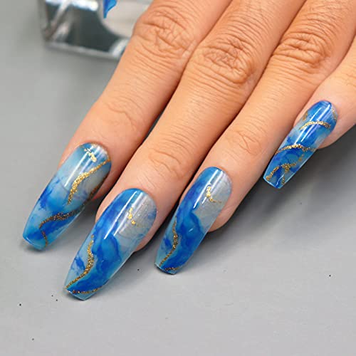 Misud Extra Long Coffin Press On Nails, 24Pcs Glossy False Nails, Gold Wave Glitter Fake Nails, Blue Splashing-Ink Blooming Pattern Acrylic Nails With Design For Women And Girls #TOP1