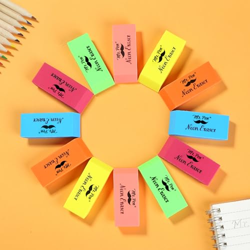 Image of Mr. Pen- Pencil Eraser, 12 Pack, Neon Colors | Large Latex Free Block Erasers for School, Office, Art Sketching, Homework, Exams, Clean Smudge-Free Correction