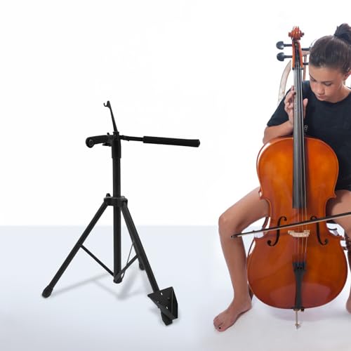 Cello Stand with Bow Hanging Hook, Foldable Black Mental Tripod Stand Violin Stand Adjustable Height for Cello Home School Studio