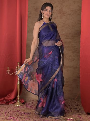 Image of Satrani Women's Kota Chex Printed Saree with Unstitched Blouse Piece