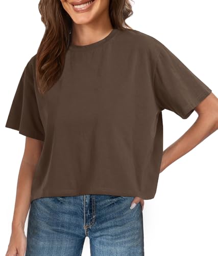 UNCLECAT Women's Short Sleeve Crop Tops 2026 Summer Basic Cropped T Shirts Workout Casual Crew Neck Tee Brown