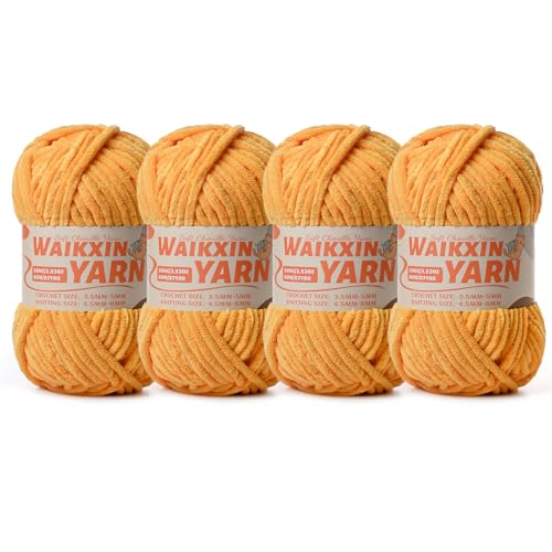 Image of (4 Golden Yellow) 4 Pack Super Soft Fuzzy Chenille Chunky Yarn for Crocheting, 400g (350yds) Velvet Fluffy Amigurumi Yarn for Hand Knitting Baby Blankets Weaving Craft