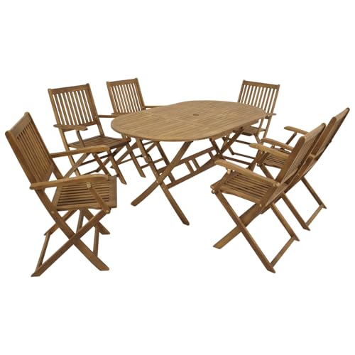 DEGAMO Klappgarnitur Benita 7-teilig (6X Klappstuhl mit Armlehne, 1x Klapptisch 85x160cm), Akazie geölt, FSC®-Zertifiziert