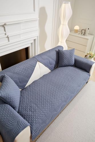 Image of HOMETHREADS Premium Cotton Sofa Cover Mat with PVC Backing for Non-Slip Comfort (Blue, 3 Seater | 70x180cm)
