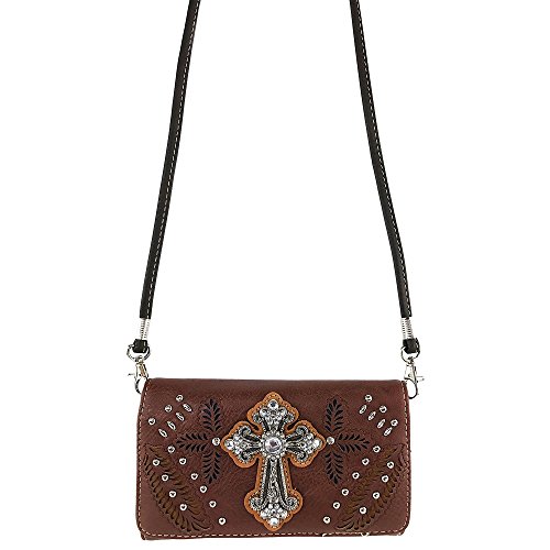 Justin West Laser Cut Rhinestone Cross Design Studded Tooled Wristlet Trifold Wallet Attachable Long Strap3