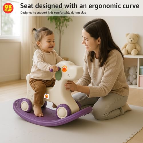 Image of OK PLAY 3 in 1 Puppy Rocker Combo for Kids | Push On Ride On | Balancing Board | Backrest | Easy Grip | Anti Skid | Four Wheel | Indoors and Outdoors Games | Light-Weight | Purple & Ivory