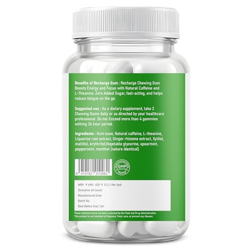 Image of Caffeine Energy Gum with L-Theanine for Focus, Memory & Alertness | Sugar Free Chewing Gum | Mint Flavor | 30 Gums