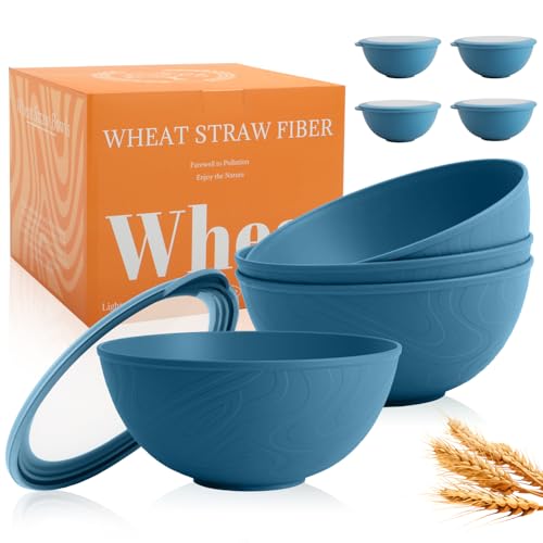 Image of 40 OZ Bowls Set of 4, Unbreakable Lightweight Bowls Set with Lid, Microwave & Dishwasher Safe Lunchable Containers, Plastic Reusable Cereal Bowl for Soup, Salad, Noodle, Snack, Fruit, Blue
