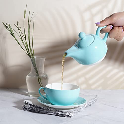 Image of Dandy Lines Tea for One Tea Set in Teal, Ceramic Tea Set, Pack of 4, Microwave & Dishwasher Safe, Great for Hosting & Gifting