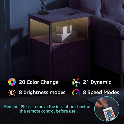 Image of BOLUO Pink Nightstand with Charging Station, LED Night Stand with 2 Fabric Drawers, Bedside Table with USB Ports and Outlets, Nightstand for Bedroom Modern