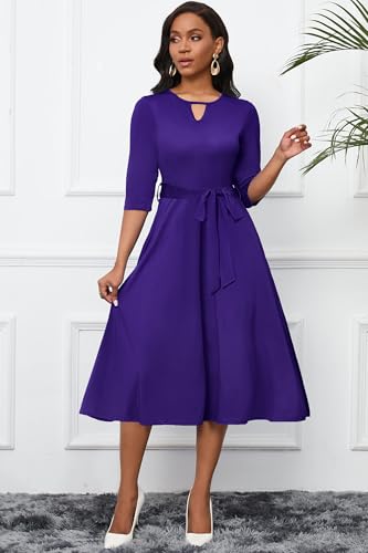 Image of CLOCOR Midi Dresses for Women Casual A-Line Fit and Flare Dress Crewneck 3 /4 Sleeve Keyhole Cocktail Party Church Dress