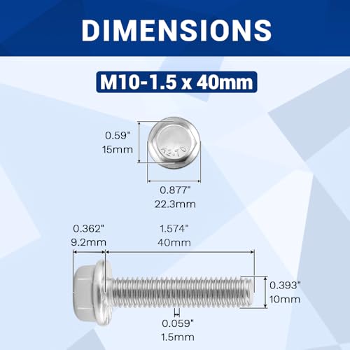 Image of M10-1.5 x 40mm Serrated Flange Hex Bolts + Flange Nut + Flat Washer + Lock Washer Combo Pack, 304 Stainless Steel 18-8, for Automotive & Machinery, 10 Sets