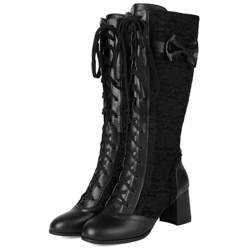 LUXMAX Gothic Victorian Boots for Women Goth Knee High Boots Lace Up Chunky Heel Renaissance Shoes with Bow Vintage Granny Boot2