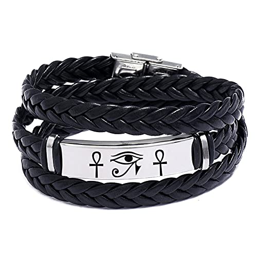 KBNSUIAN Joyería de protección del antiguo Egipto – Pulsera de cuero con cruz de Ankh del ojo de Horus para hombres y mujeres – Mito Egipto Eye Wadjet Healing Amuleto pulsera, 23.6 inch, Acero